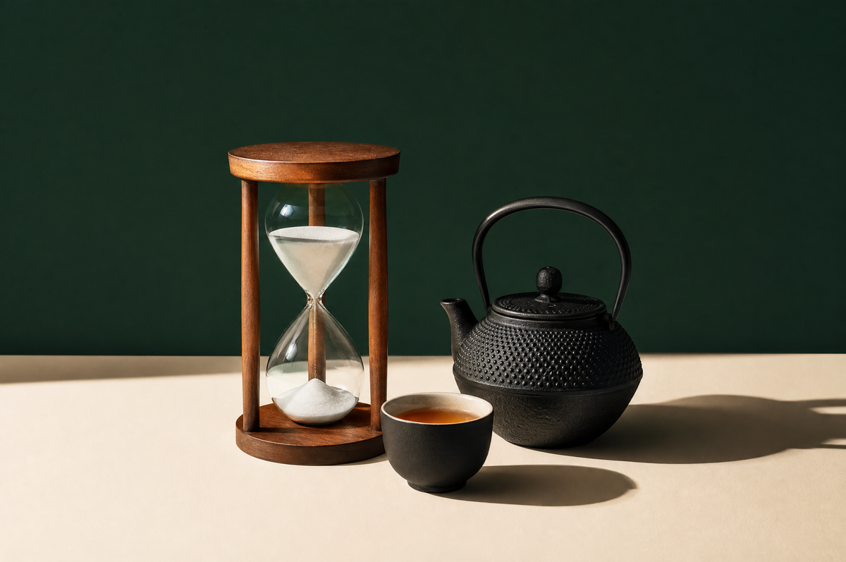 A classic hourglass sand timer with a simple wooden frame and clear glass bulbs of fine white sand running