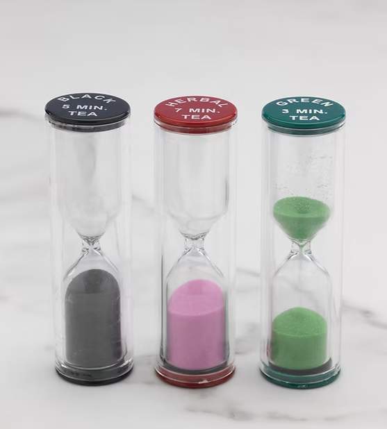 a set of 3 tea timers for black tea, herbal tea and green tea