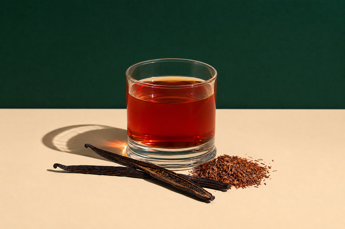A short clear glass tumbler of warm reddish rooibos-style vanilla tea