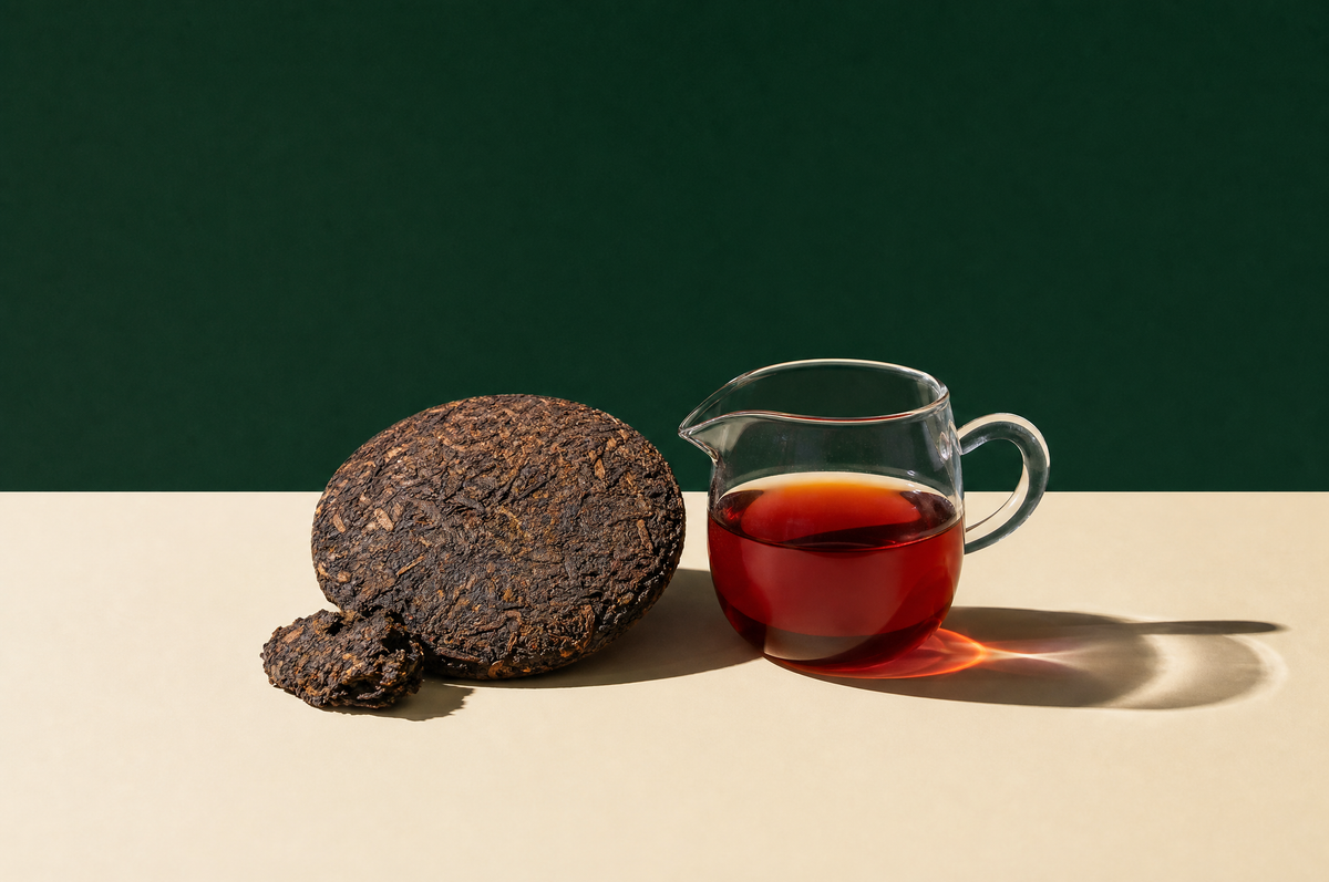 A round pressed pu-erh tea cake of dark brown compressed tea leaves with a small chunk broken off beside it
