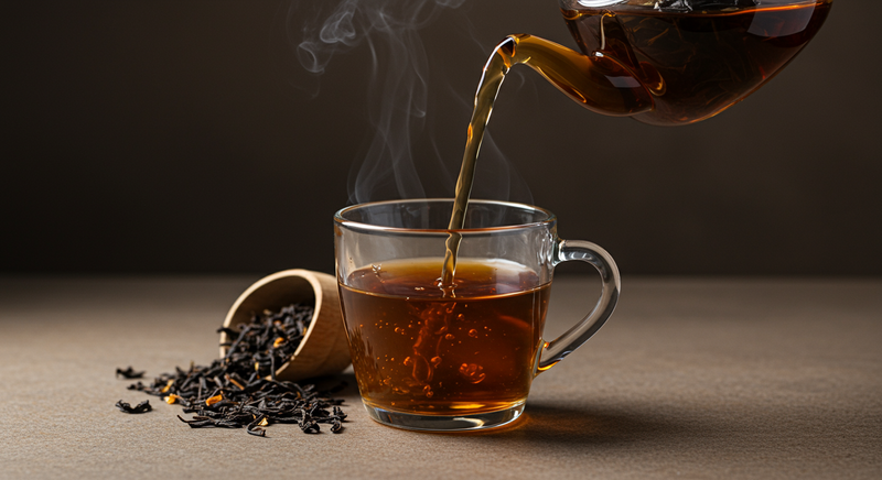 Cup of dark amber-black tea next to a matching teapot, set on a table with warm lighting, evoking a rich and robust flavor.
