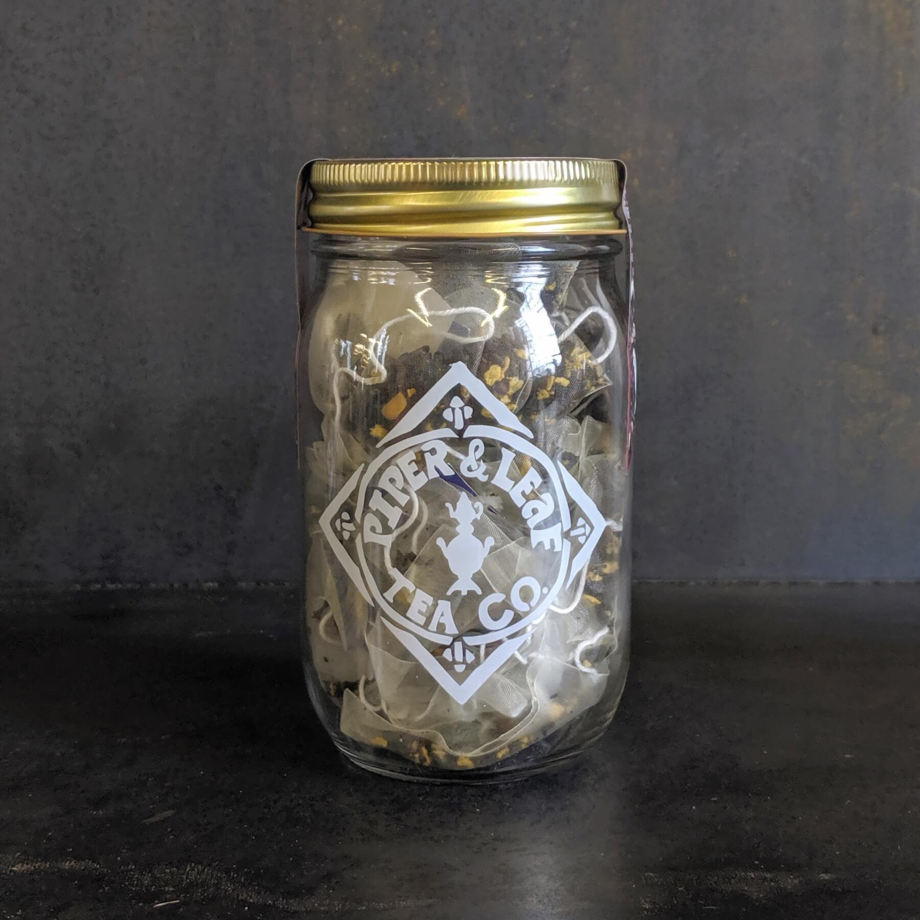 Piper and Leaf Cherry Christmas Party Pack 25 Sachets in Pint Jar, featuring pyramid sachets in a glass jar.