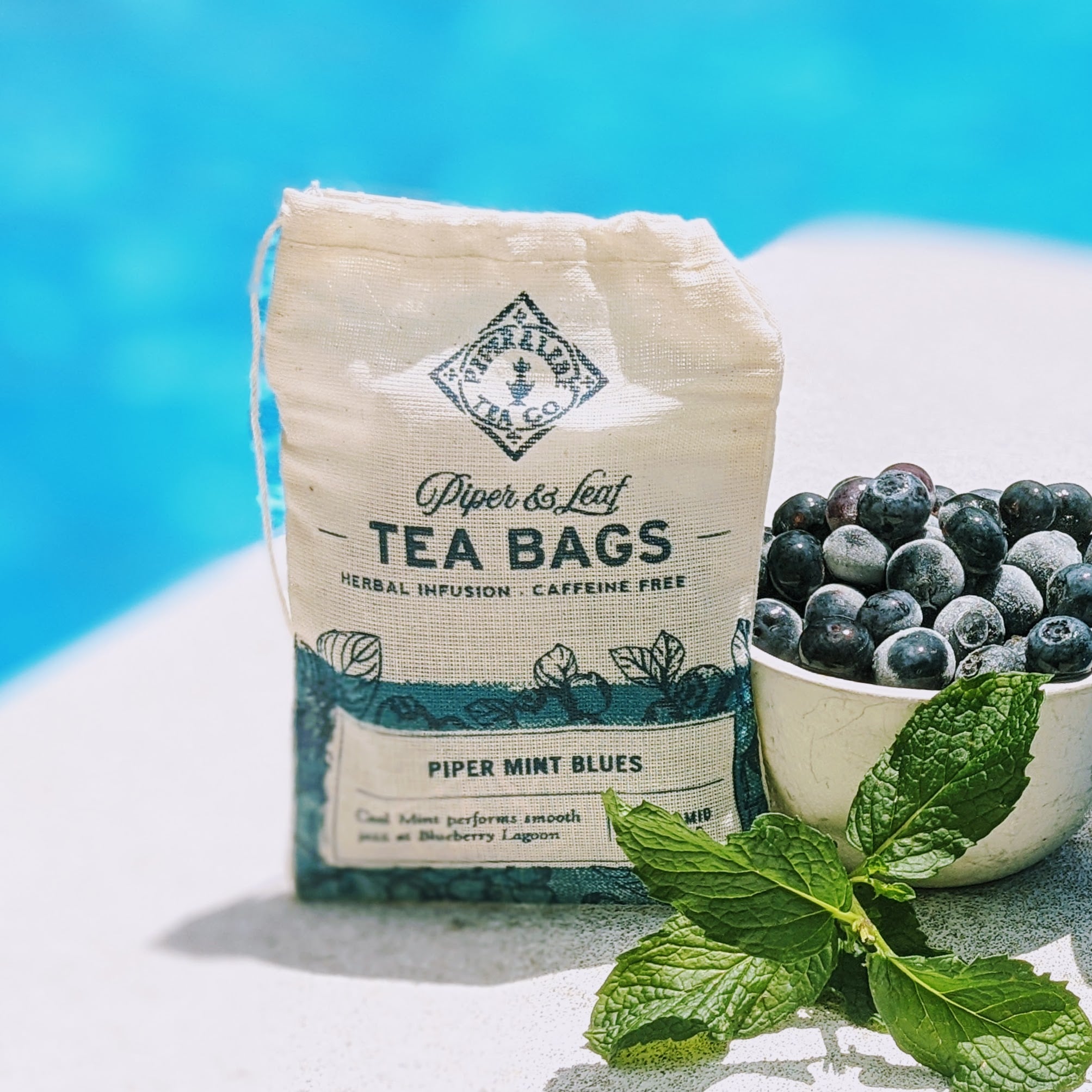 Piper and Leaf Piper Mint Blues 9ct Tea Bags in Muslin, displayed in packaging on a neutral background.