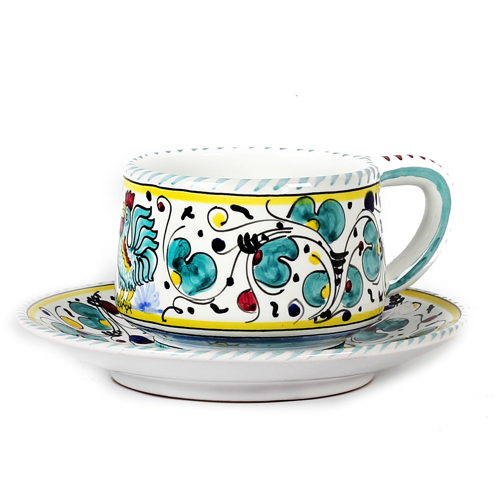 Deruta of Italy Orvieto Green Rooster: Tea/Coffee Cup and Saucer