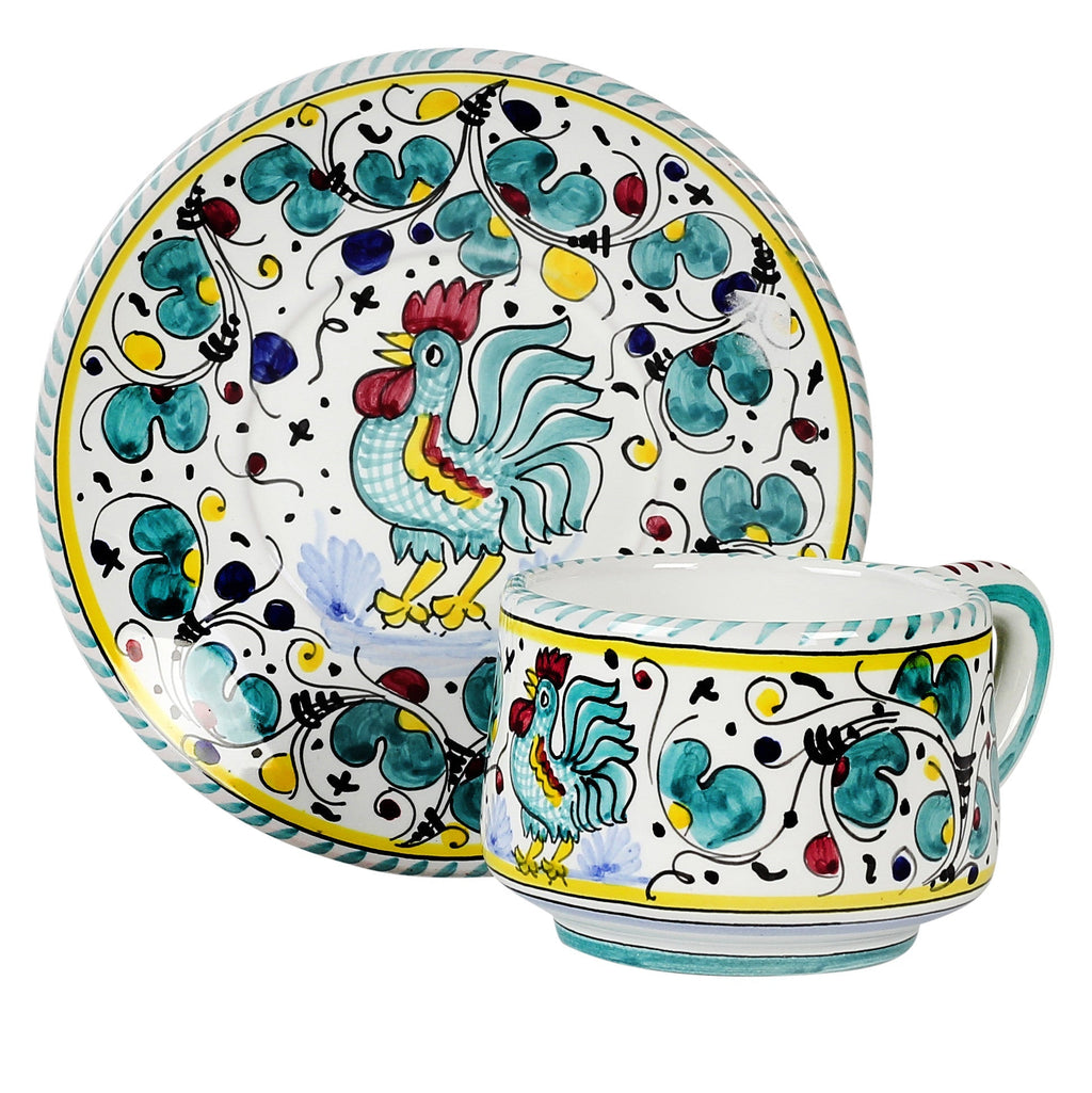 Deruta of Italy Orvieto Green Rooster: Tea/Coffee Cup and Saucer