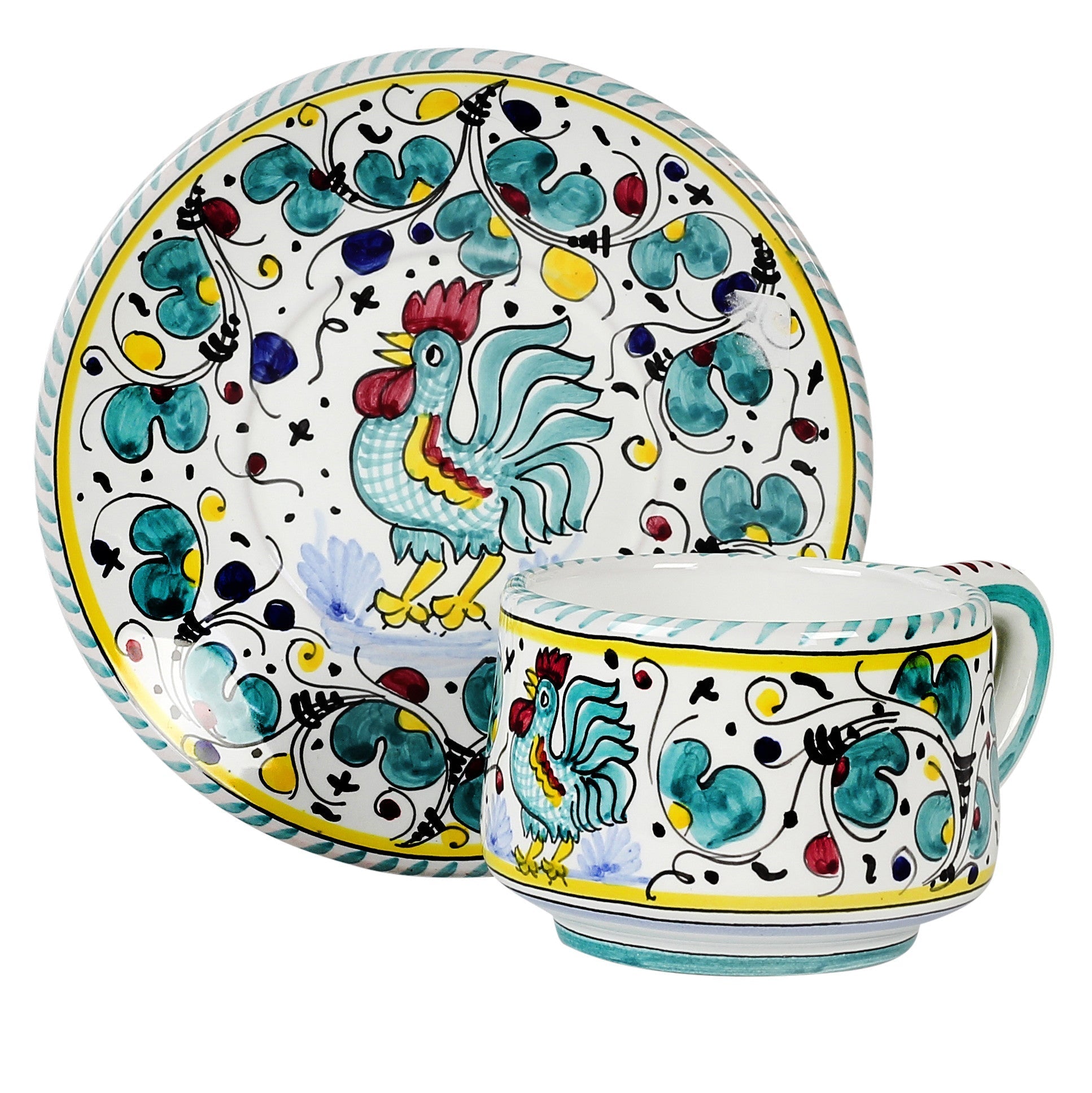 Deruta of Italy Orvieto Green Rooster: Tea/Coffee Cup and Saucer