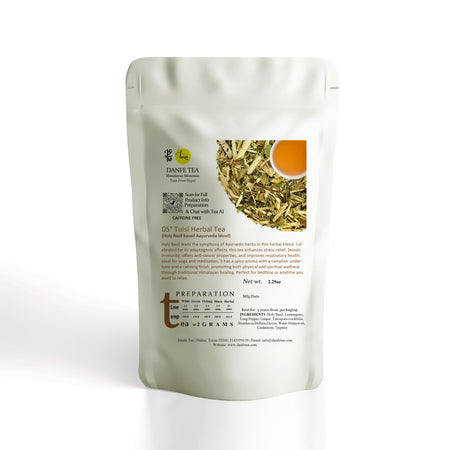 Danfe Tulsi Tea (Sacred Basil Tea) by Danfe, shown in a package with herbal tea leaves and a cup