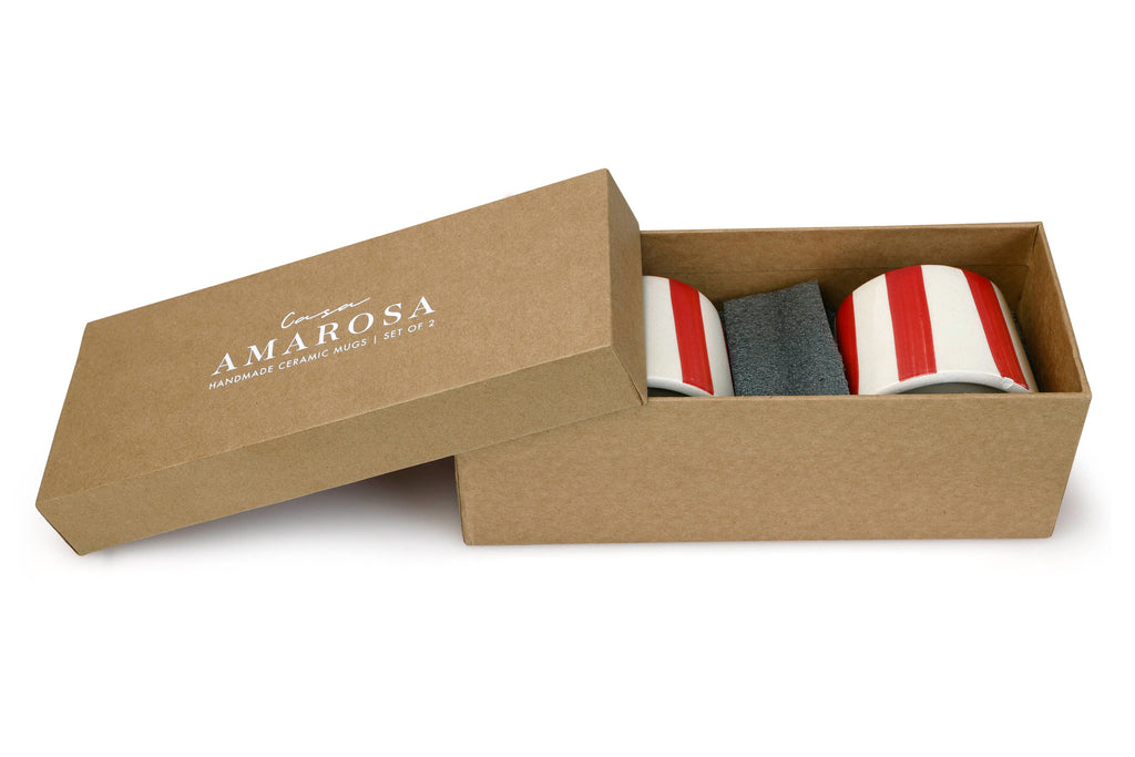 Casa Amarosa Ceramic Red Stripe Cup - 3.5 x 2.5 Inches ( Set of 2 )