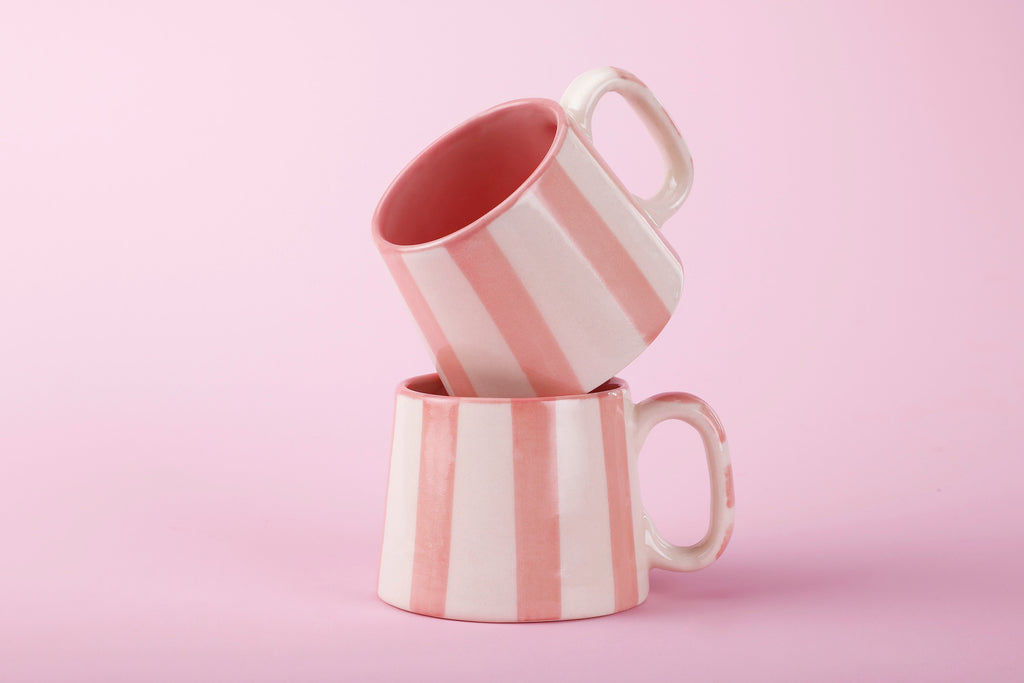 Casa Amarosa Ceramic Pink Stripe Cup- 220ml - 3.5 x 2.5 Inches (Set of 2)