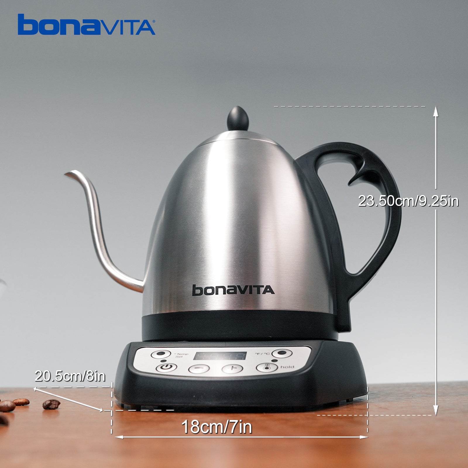 Bonavita Classic 1.0L Gooseneck Precision Temperature Electric Kettle| Tea Brew, 1200 Watt, LED Panel, Stainless Steel