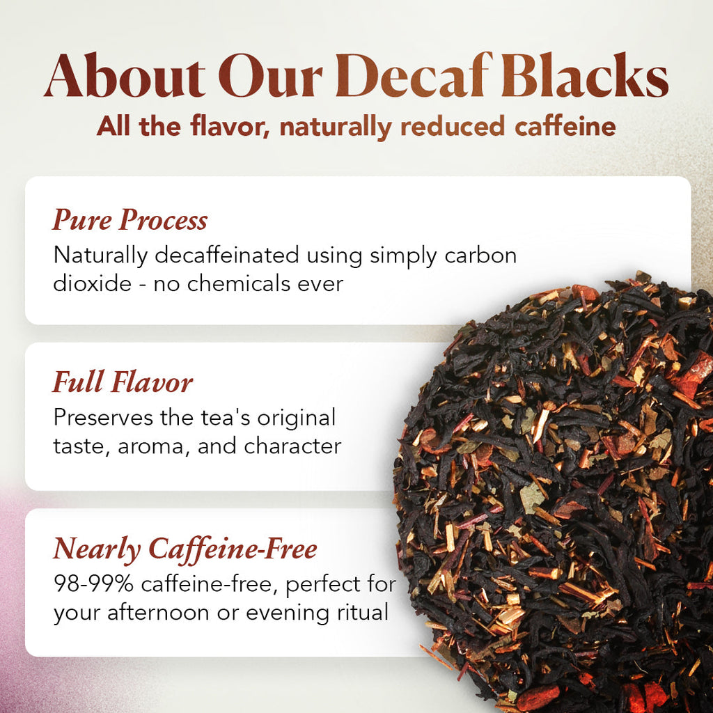 Plum Deluxe Wonder-Full Pomegranate Decaf Black Tea in a packaging display against a neutral background.