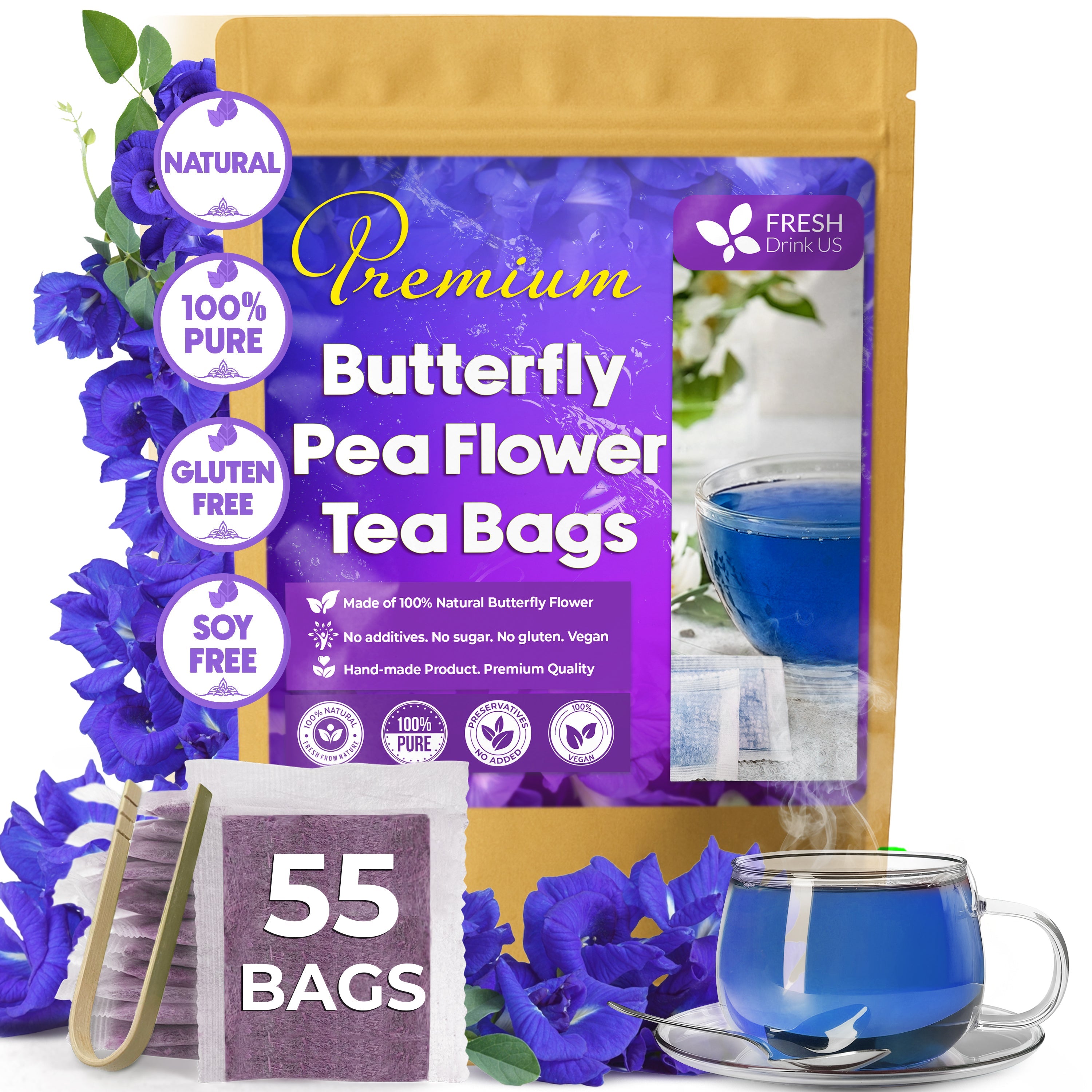 Premium Butterfly Pea Flowers, Tea Bags, 100% Natural and Pure from Butterfly Pea Flowers, Hand-made, Made With Natural Materials-Corn Fiber Tea Bag, Sugar/Caffeine/Gluten Free Herbal Tea