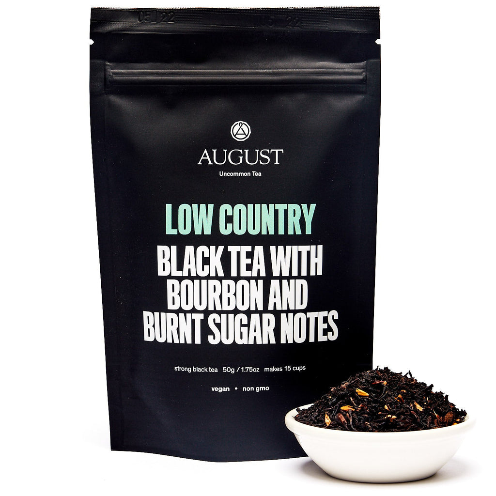 August Low Country - Bourbon Sugar Black Tea in a 15-cup bag, featuring a clear view of the packaging design.