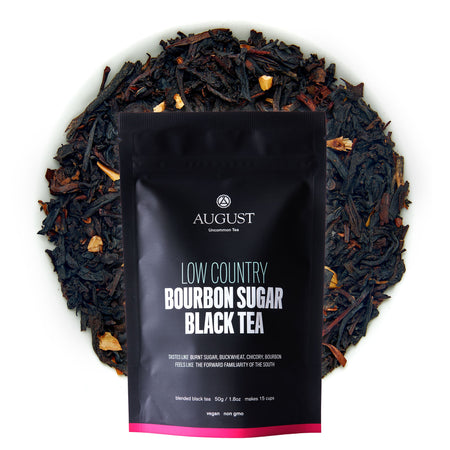 August Low Country - Bourbon Sugar Black Tea in a cup, showcasing its dark color and inviting Southern-inspired flavors.