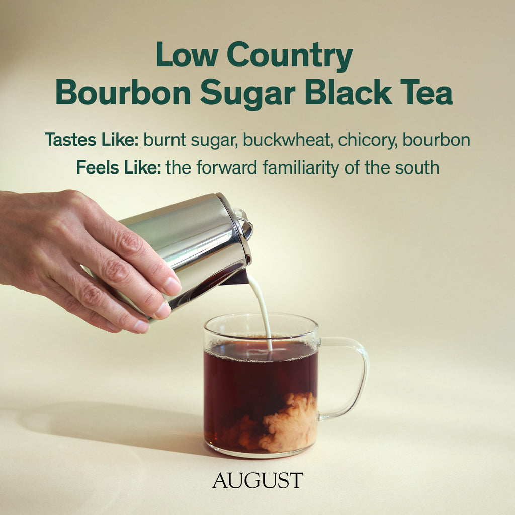 August Low Country - Bourbon Sugar Black Tea in a packaging display, featuring a blend of black tea and bourbon flavor notes.