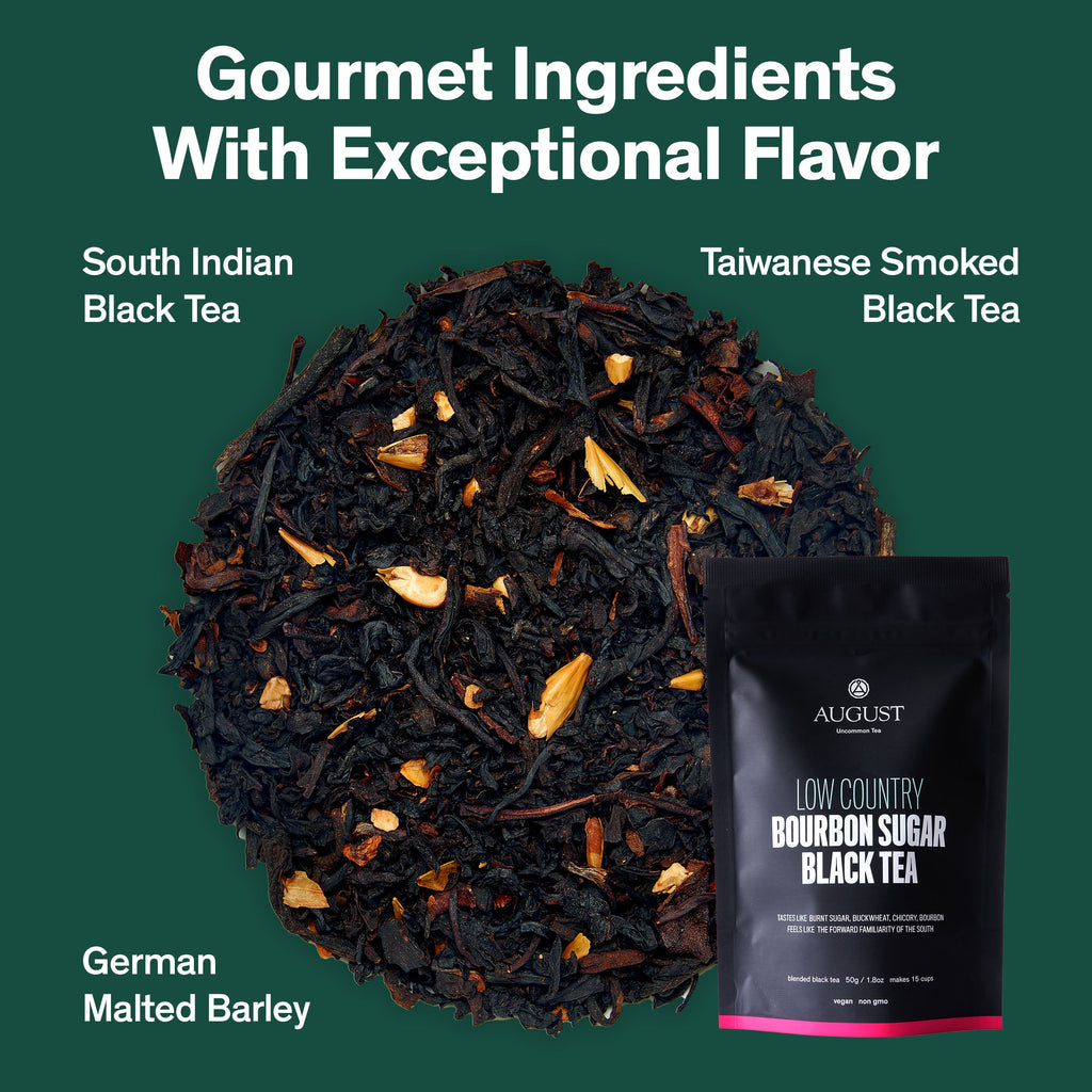 August Low Country - Bourbon Sugar Black Tea in a loose-leaf form, displayed in a clear tea container.