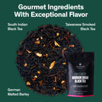 August Low Country - Bourbon Sugar Black Tea in a loose-leaf form, displayed in a clear tea container.