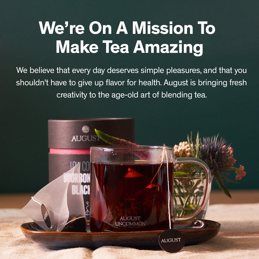 August Low Country - Bourbon Sugar Black Tea in a clear glass container showcasing loose tea leaves.
