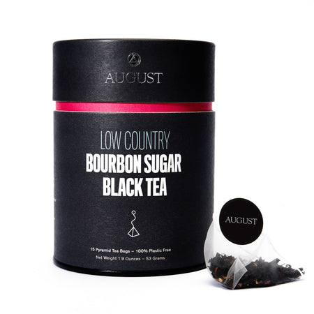 August Low Country - 15 Tea Bags in prototype packaging, featuring black tea, malted barley, and chicory flavors.