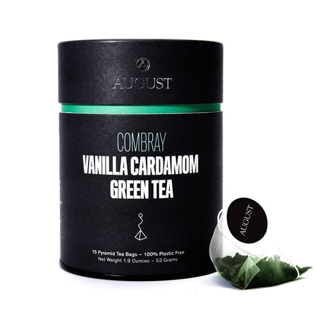 August Combray - Vanilla Cardamom Green Tea (15 Tea Bags) in prototype packaging, showcasing tea bags and the product label.