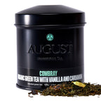 August Combray - Vanilla Cardamom Green Tea in a tin, featuring a design with a lid, displayed against a neutral background.