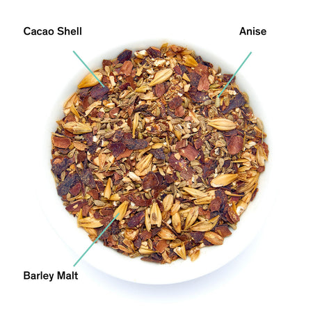 August Cult of Demeter - Cocoa Anise Barley Tea (Caffeine Free) shown in dried leaf form, highlighting its organic ingredients.