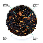 August Jet Black - Roasty Coffee Black Tea leaves displayed, showcasing the blend of Indian black Assam tea and coffee beans.