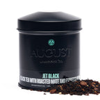 August Jet Black - Roasty Coffee Black Tea in a wide tin with tea leaves displayed, by August