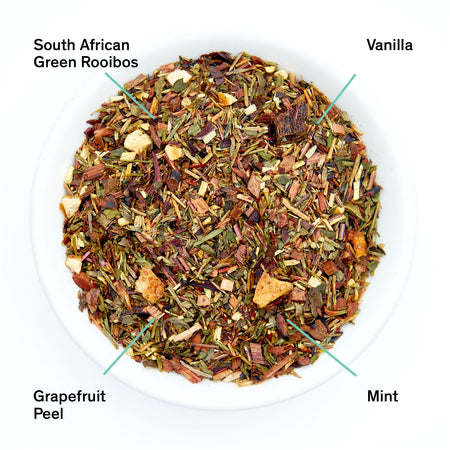 August Cocteau - Vanilla Grapefruit Mint Rooibos Tea, featuring dried rooibos leaves and ingredients like vanilla and grapefruit peel.