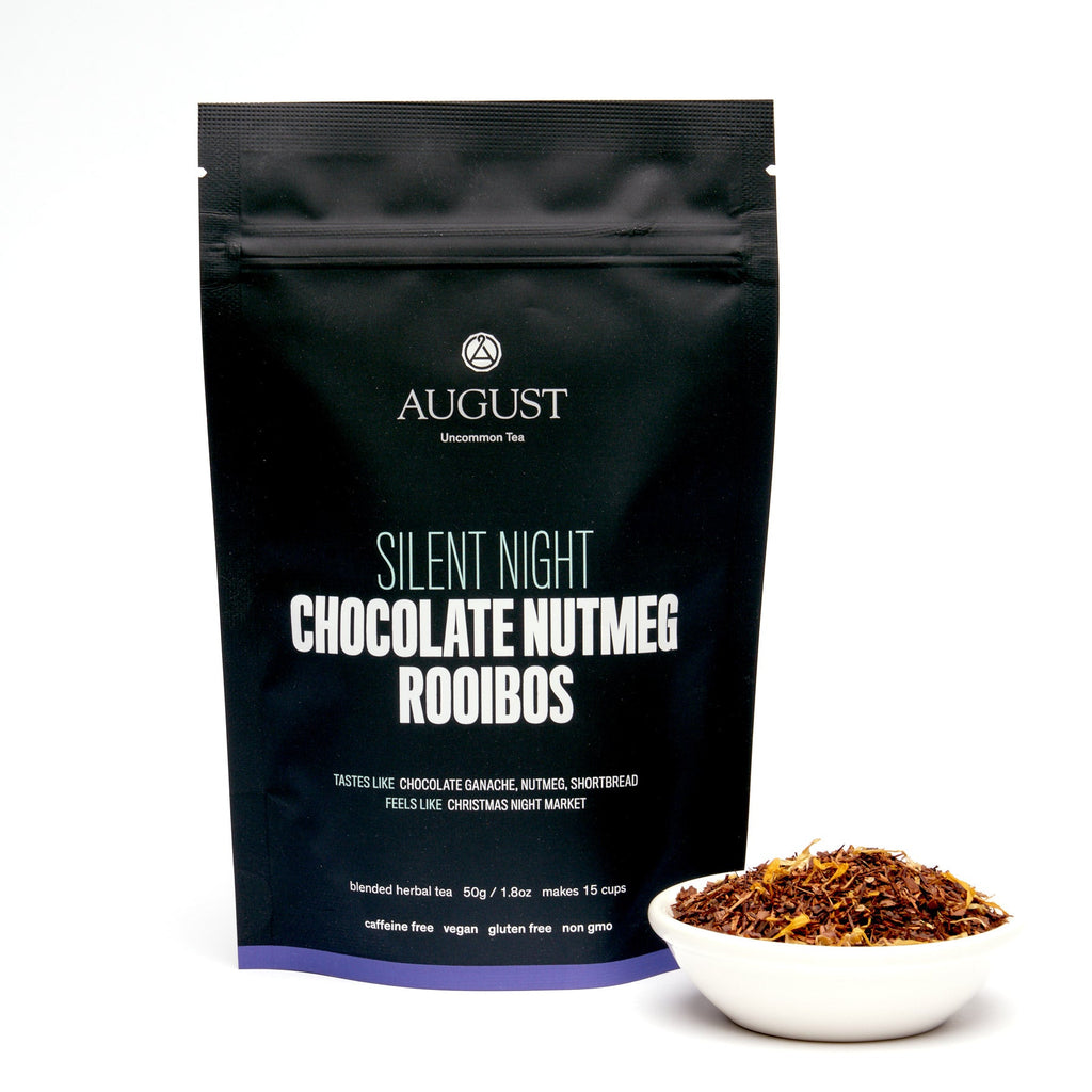 August Silent Night - Chocolate Nutmeg Rooibos (Caffeine Free) tea bag in packaging, displayed for purchase.