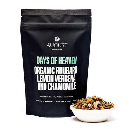 August Days of Heaven - Rhubarb Verbena Chamomile Tea (Caffeine Free) in a 15-cup bag by August, shown in packaging.