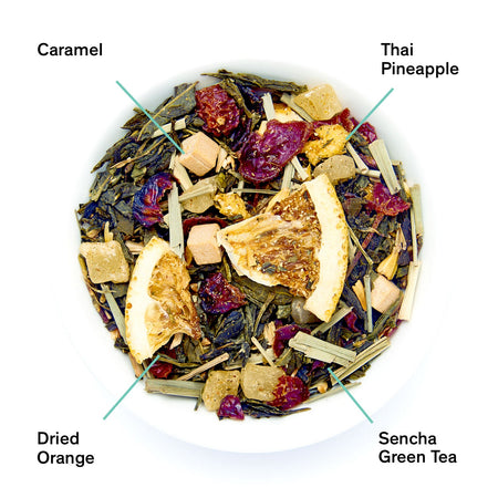 August Big Easy - Pineapple Caramel Green Tea leaves in a bowl, showcasing the green tea blend's colorful ingredients.