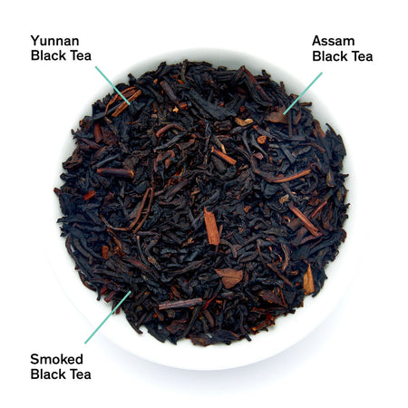 August Golden Arrow - Smoky Toffee Black Tea leaves in a detailed image, showcasing Yunnan, Assam, and lapsang souchong black teas.