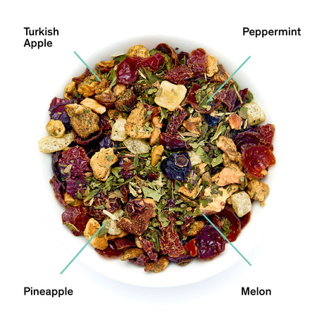 August Capri - Honeydew Melon Mint Tea (Caffeine Free) by August, featuring tea leaves and ingredients like honeydew melon and peppermint.