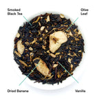 August The Black Lodge - Smoky Banana Black Tea leaves, featuring dark and fragrant black tea blends with banana and truffle notes.