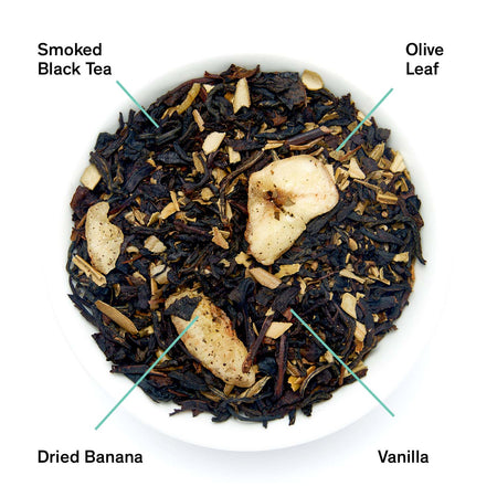 August The Black Lodge - Smoky Banana Black Tea leaves, featuring dark and fragrant black tea blends with banana and truffle notes.