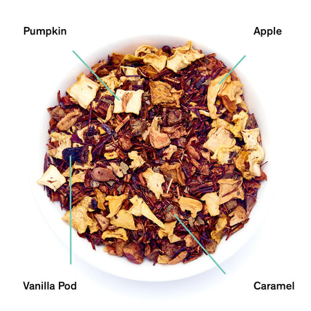 August Psychocandy - Roasted Pumpkin Caramel Rooibos Tea (Caffeine Free) in loose leaf form, featuring dried pumpkin and rooibos.