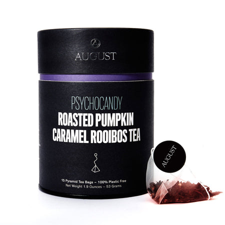 August Psychocandy - Roasted Pumpkin Caramel Rooibos Tea (Caffeine Free) (15 Tea Bags) in prototype packaging with tea bags displayed.