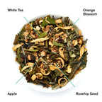 August Know by Heart - Orange Blossom Almond White Tea, featuring loose leaf tea leaves with hints of almond and orange blossom.