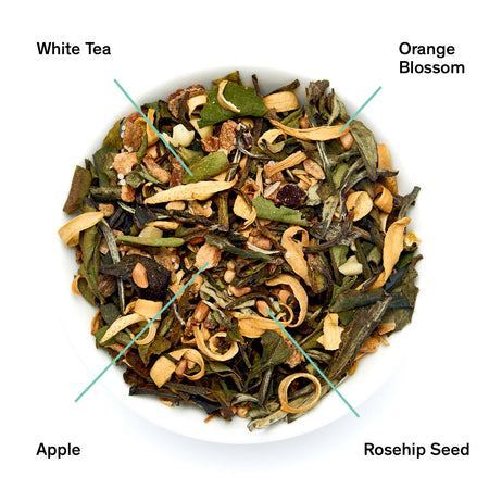 August Know by Heart - Orange Blossom Almond White Tea, featuring loose leaf tea leaves with hints of almond and orange blossom.