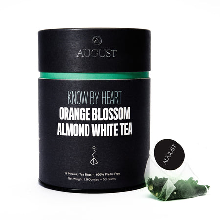 August Know By Heart - Orange Blossom Almond White Tea (15 Tea Bags) packaging, featuring tea bags with natural ingredients and flavors.