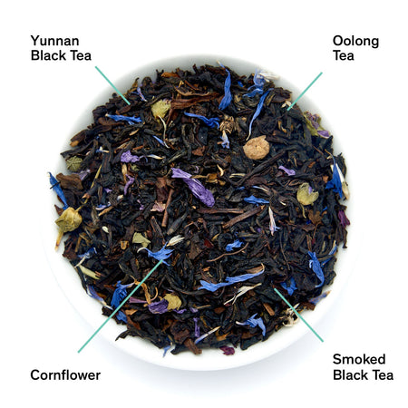 August Black Metallic - Violet Elderberry Black Tea by August, image of tea leaves with annotations showing ingredients and flavors.