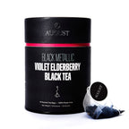 August Black Metallic - Violet Elderberry Black Tea (15 Tea Bags) in packaging featuring black tea bags and design elements.