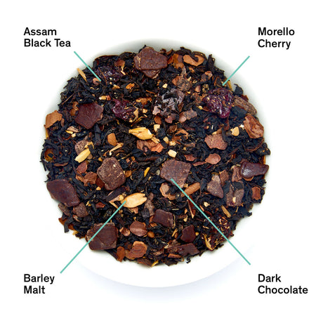 August Cabaret - Cherry Chocolate Black Tea with black tea leaves, cacao shells, dark chocolate, and cherry pieces in a bowl.