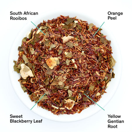 August Negroni - Bittersweet Orange Rooibos Tea (Caffeine Free) by August, image of loose rooibos tea leaves with orange peel.