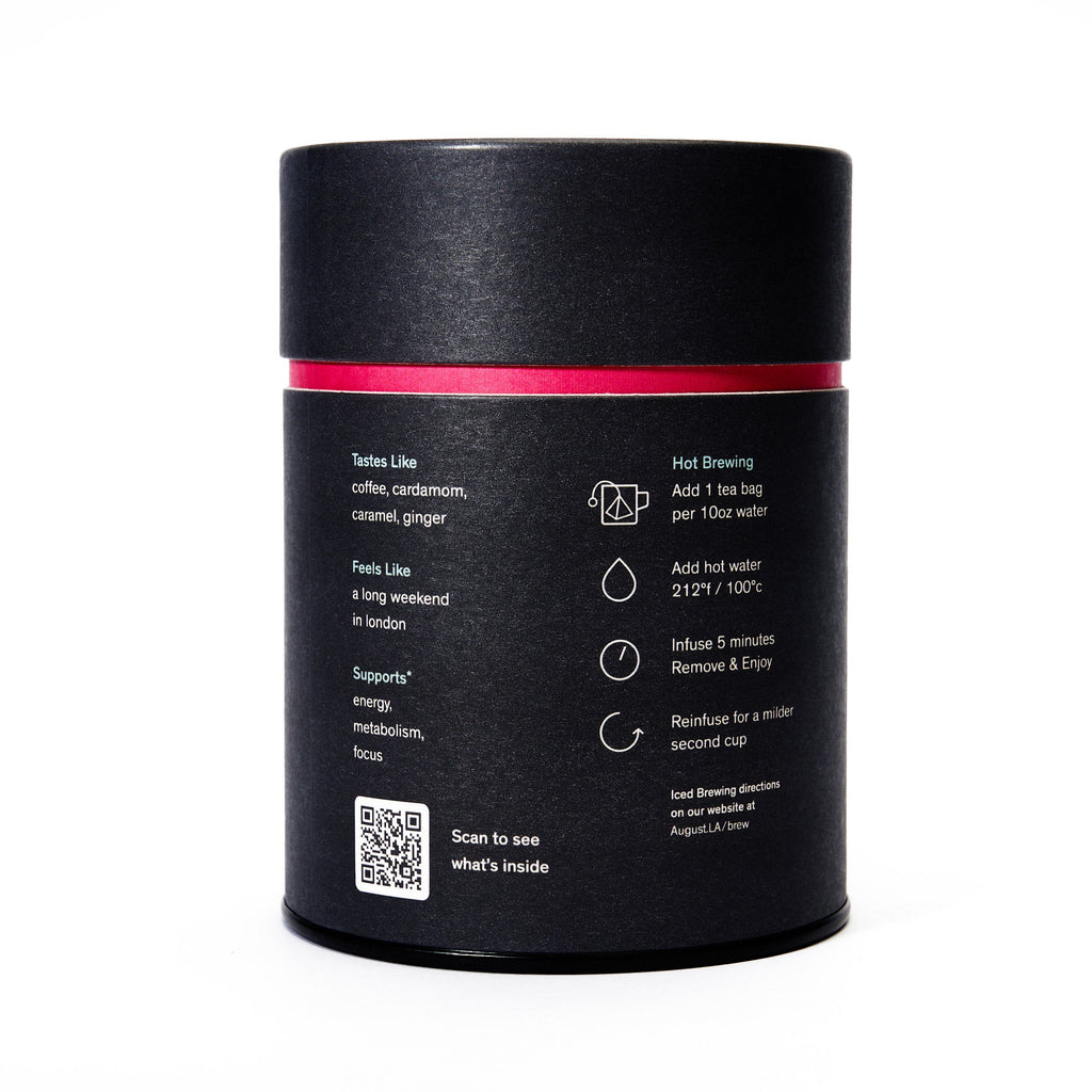 August Dirty Chai - Spicy Black Tea With Coffee (15 Tea Bags) in packaging with brewing instructions shown.