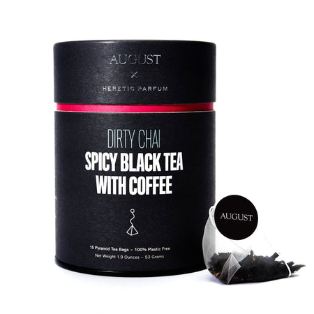 August Dirty Chai - Spicy Black Tea With Coffee (15 Tea Bags) in packaging, featuring tea bags with cardamom and coffee flavors.