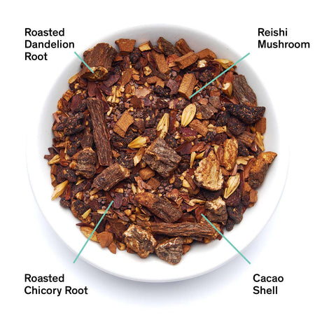 August Daybreak - Sweet Roasted Coffee Alternative (Caffeine Free) by August, showing roasted herbs and grains in a cup.
