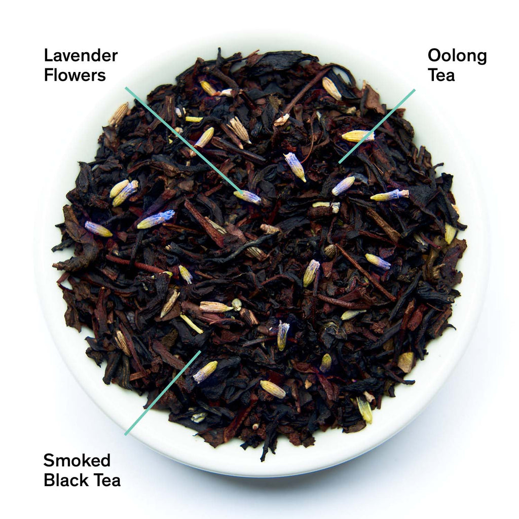 August Wild Heart - Smoky Lavender Oolong Tea leaves displayed in an annotated image, showcasing their earthy lavender profile and floral notes.