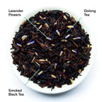 August Wild Heart - Smoky Lavender Oolong Tea leaves displayed in an annotated image, showcasing their earthy lavender profile and floral notes.